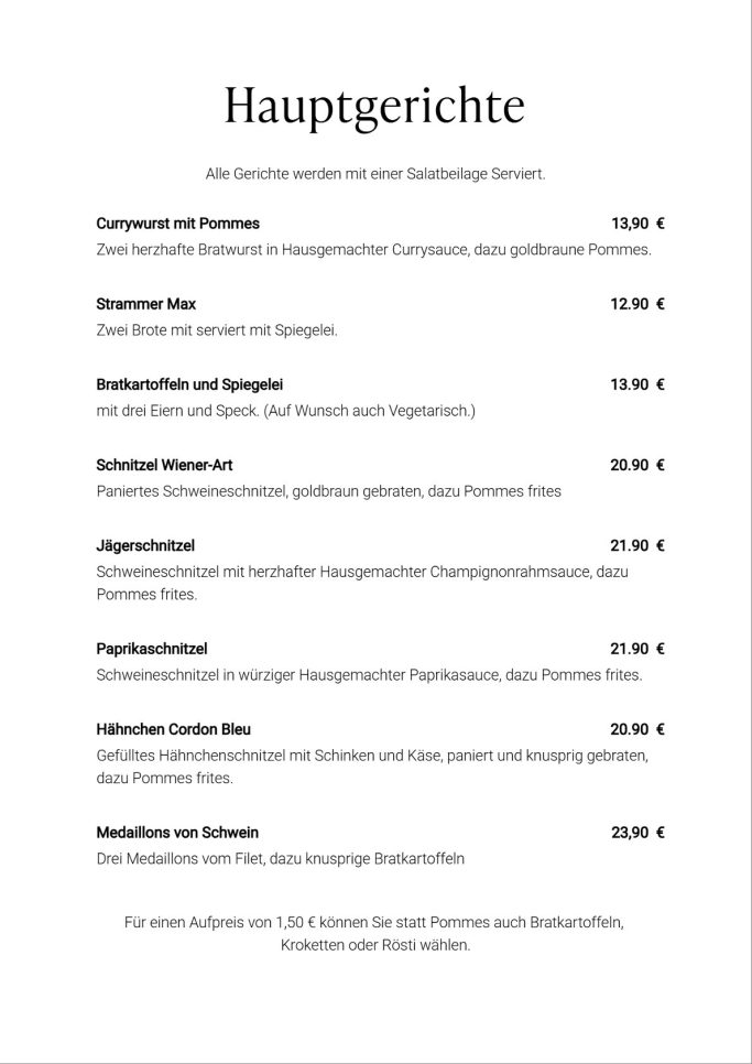 Hauptgerichte-Liste mit Preisen und Beschreibungen der Gerichte.